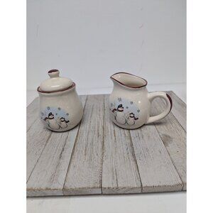 Royal Seasons Stoneware Snowmen Creamer Sugar Bowl Lid Snowflakes Red Trim